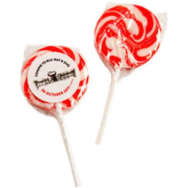 Medium red and white swirled candy lollipops, individually wrapped, with a logo on the packaging.