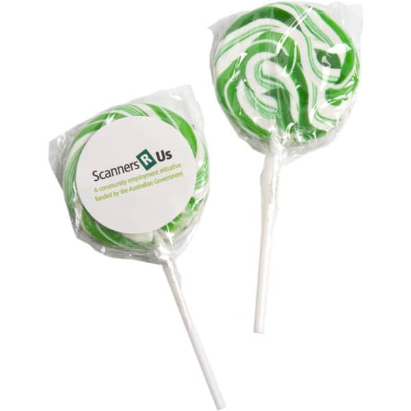 Two medium lollipops wrapped in clear plastic, featuring a green and white swirled design on a white stick.