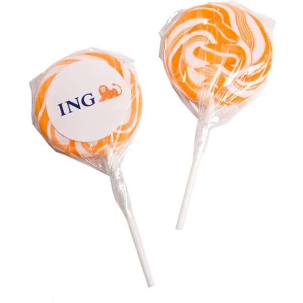 Medium orange lollipops with white swirls, each on a stick, featuring a logo on the wrapper.
