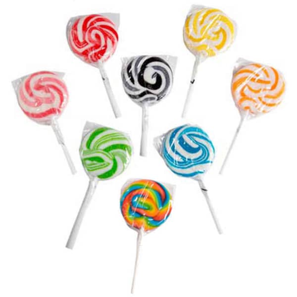 A selection of medium candy lollipops in mixed colours, including red, green, blue, yellow, black, orange, and pink.