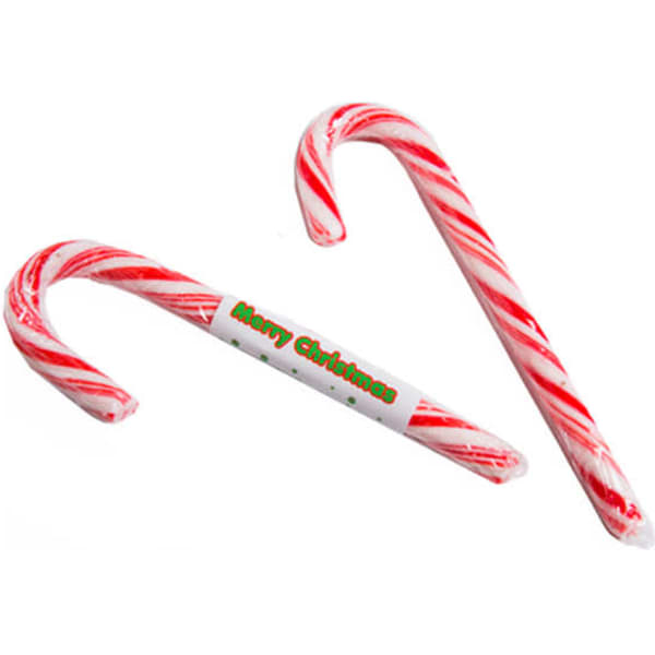 Two red and white striped candy canes, 15 cm in length, with a label that includes festive text.