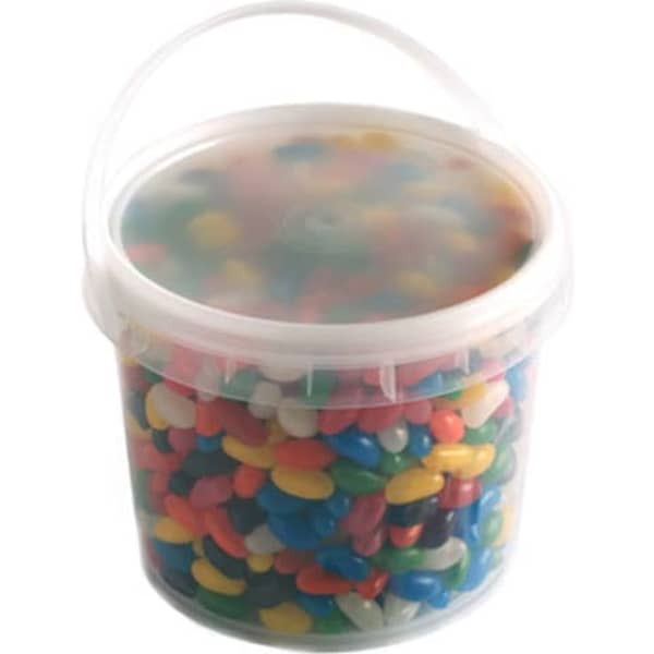 A clear 2.4L bucket filled with colourful jelly beans in various shades. The bucket has a handle for easy carrying.