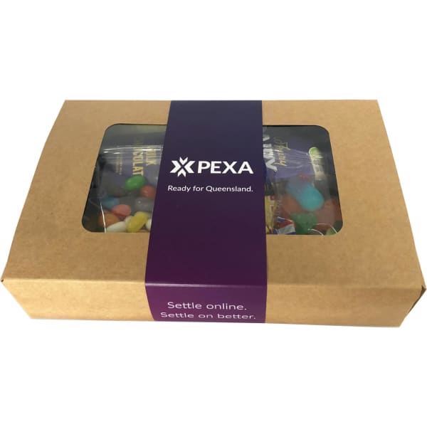 A kraft box filled with assorted colourful confectionery, including jelly beans and chocolates, featuring a branded logo.