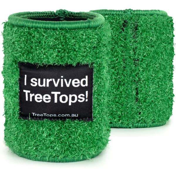 A drink bottle cooler in bright green, resembling astro turf, with a logo on a black patch.