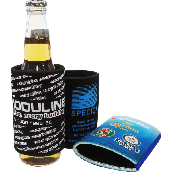 A drink bottle in a black, branded can cooler, alongside a blue and a grey can cooler with logos.