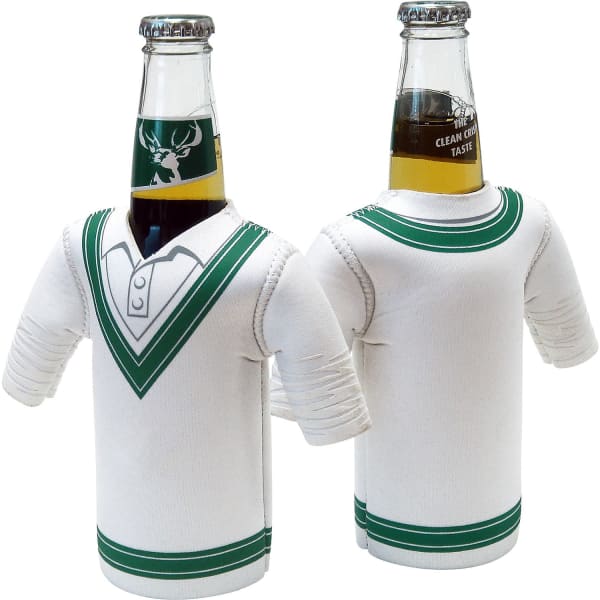 A drink bottle cooler designed like a cricket jersey, featuring white fabric with green accents and a logo.