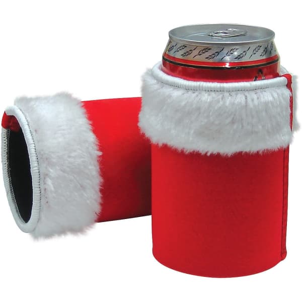 A red can cooler with white fur trim, resembling a Santa Claus outfit, featuring a can inside. It includes a logo.