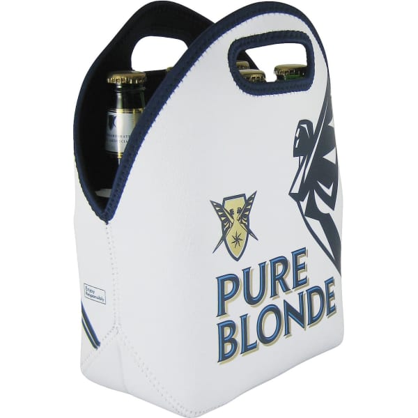 A white 6-pack bag with navy detailing and handles, featuring a branding logo. Contains drinks inside.