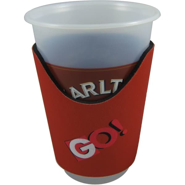A drink bottle cooler in red, featuring a logo, designed to fit a cup securely.