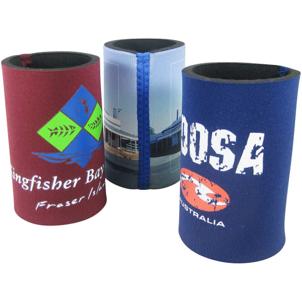 Three coloured can coolers featuring various designs and logos, in red, blue, and a multi-coloured option.