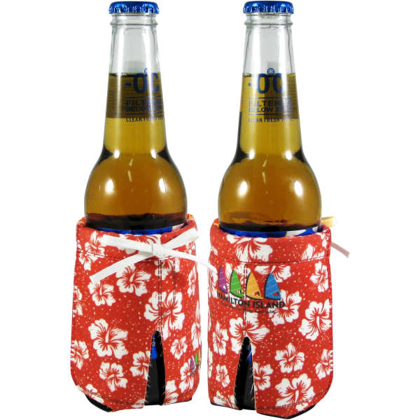 A drink bottle cooler in red with white floral patterns, featuring a logo and opening for easy access.