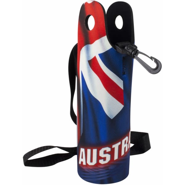 A drink bottle cooler featuring a vibrant Australian flag design, with a strap and a hook for attachment.