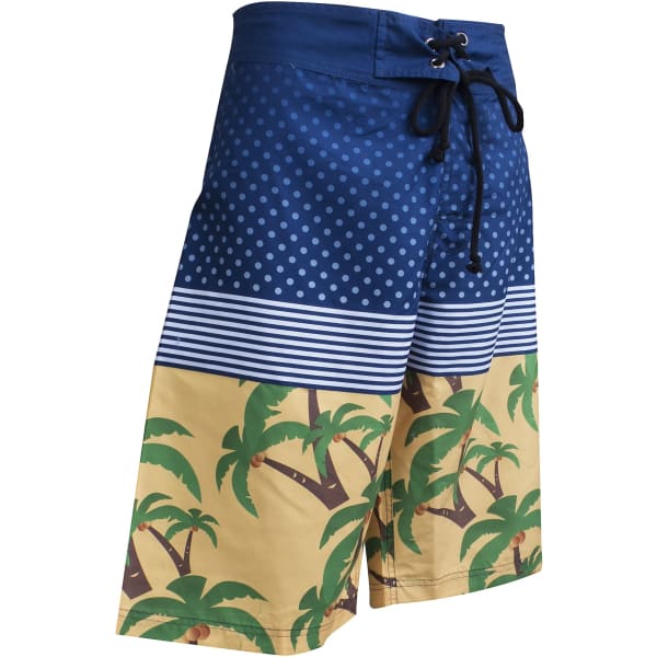 Board shorts for adults featuring a blue patterned top and a yellow bottom with green palm tree designs.