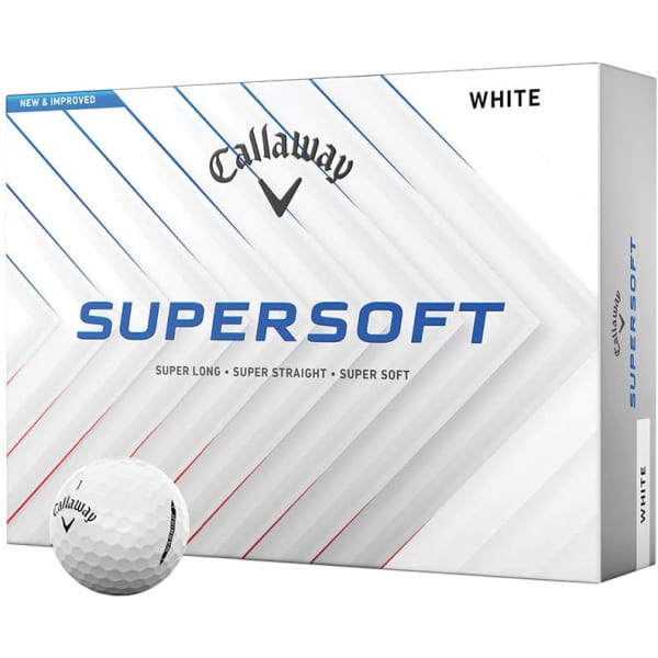 A box of Callaway Supersoft golf balls in white, featuring a logo and geometric design.