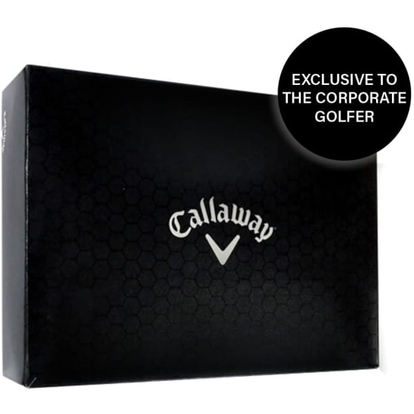 A black box with a logo, containing Callaway Warbird golf balls. Box features a hexagonal pattern.