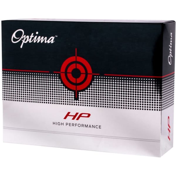 A box of Optima HP golf balls featuring a black and white design with red accents and a logo.