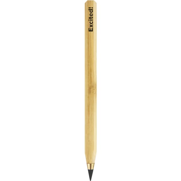 A bamboo pencil with a grey lead tip, featuring a sleek design and a branding logo.