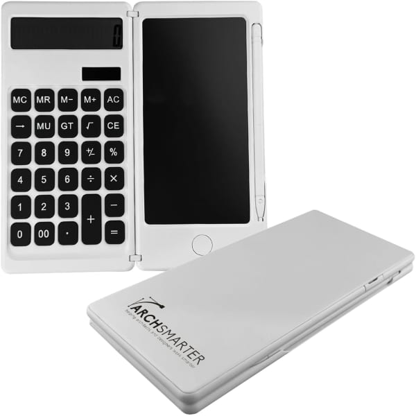 A white Note It Calculator with a flip cover, featuring a number pad and a display screen, along with a stylus.