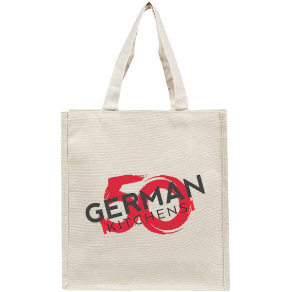 A beige tote bag featuring a logo with red and black text. It has two sturdy handles for easy carrying.
