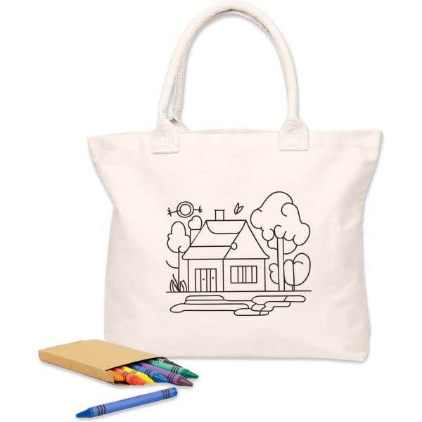 A natural-coloured reusable grocery bag with a colouring design featuring a house, trees, and a sun, alongside crayons.