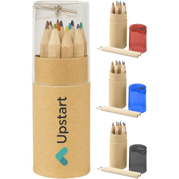 A tube containing coloured pencils in various hues, with a transparent cap and multiple colour options for the tube.