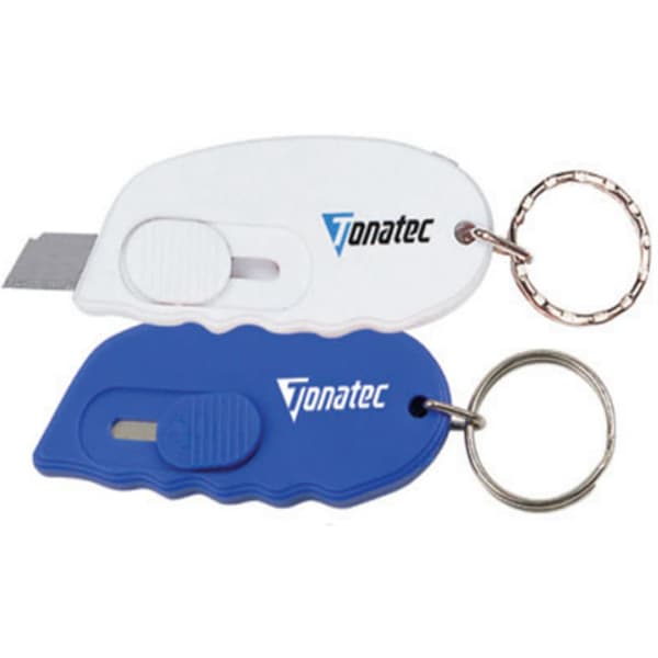 A blue and white plastic letter opener with a keyring attachment, featuring a logo on each side.