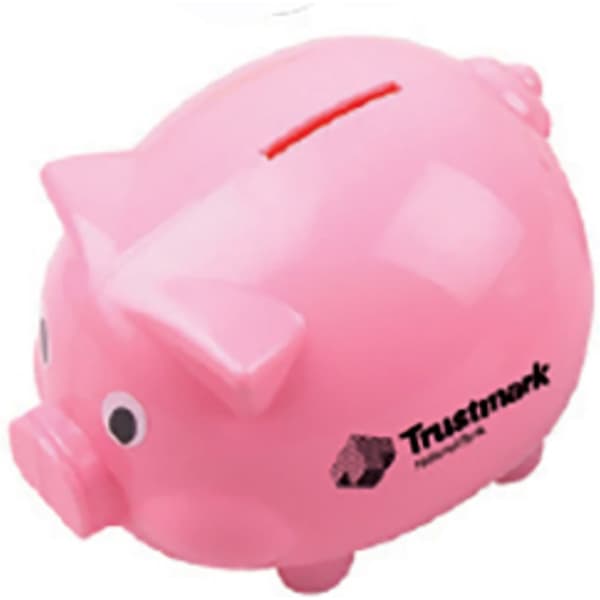 A pink pig-shaped coin bank with a slot for coins and a logo on the side.
