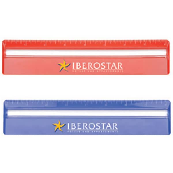 A 20cm ruler set featuring a red and a blue ruler with a magnifying strip, both with a logo.