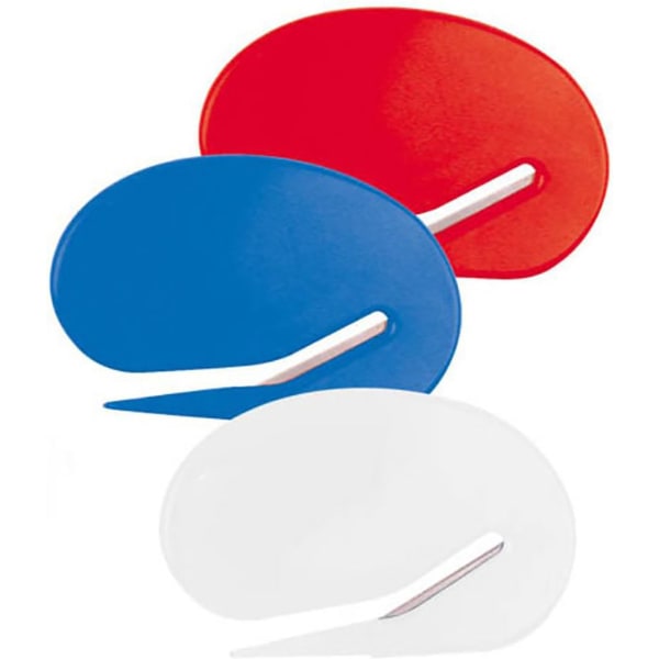 A set of three letter openers in red, blue, and white with a sleek, curved design and metal blades.