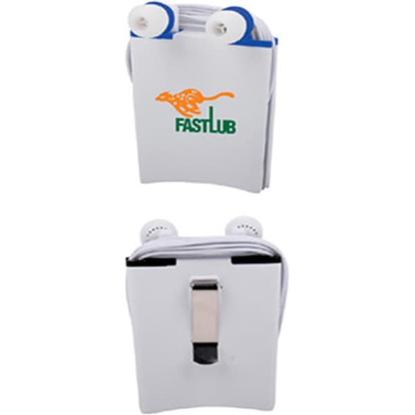 White earbuds in a case with a clip, featuring an orange logo. The case is compact and portable.