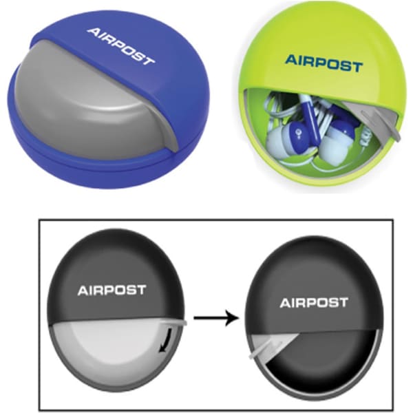 Earbuds in a colourful case featuring blue, green, and grey options, with a logo present on the case.