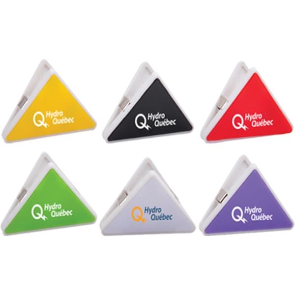 A set of six triangular clipboards in black, red, purple, green, and white, featuring a logo on each.