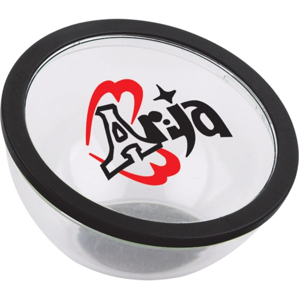 A clear bowl with a black rim and a logo printed on the side.