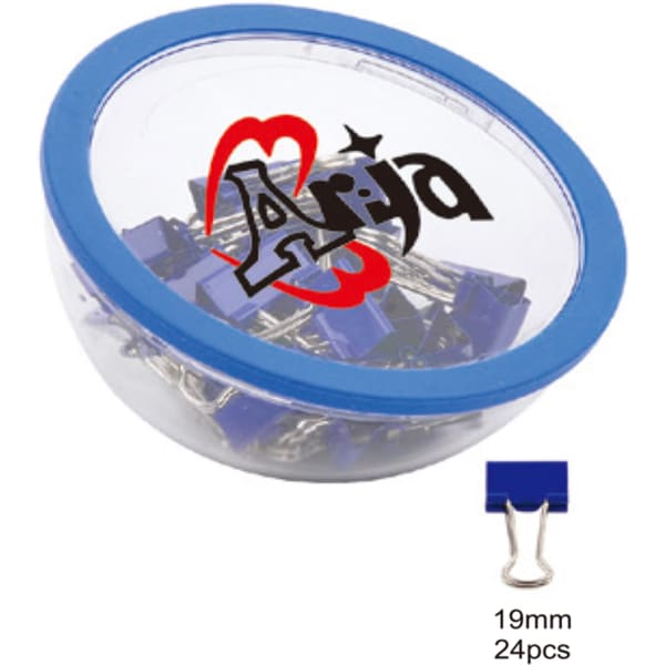 A clear container with a blue lid filled with blue binder clips, featuring a logo on the side.