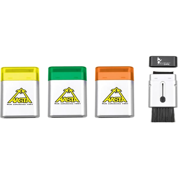 A set of three computer brushes in yellow, green, and orange with a silver body, featuring a black-bristle cleaning tool.