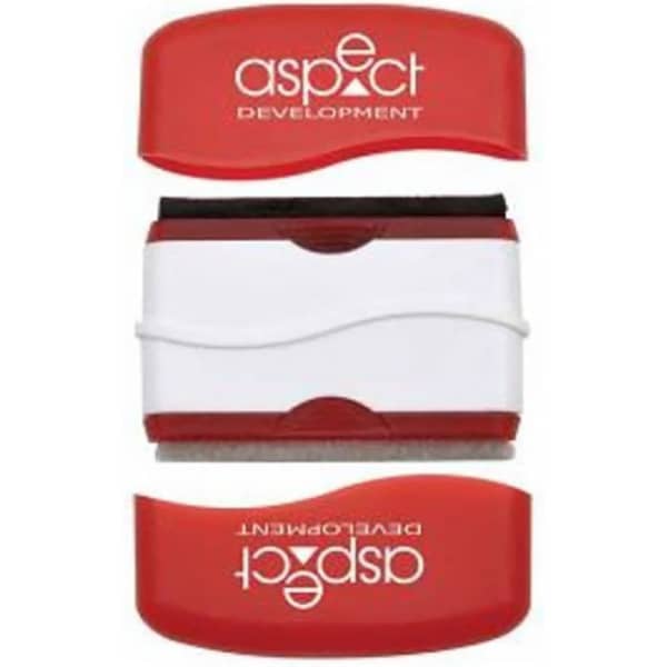 A red and white computer brush with a logo, designed for cleaning electronic devices.