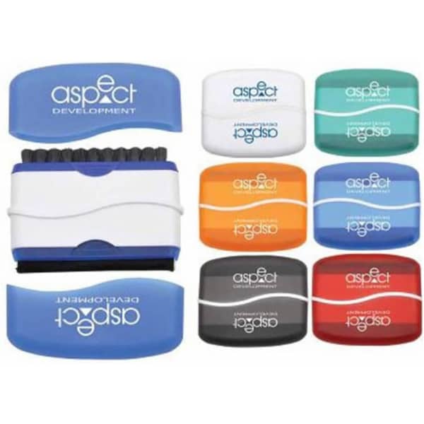 A variety of computer brushes in blue, red, orange, black, and white, featuring a logo on the blue brushes.