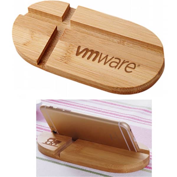 A bamboo mobile holder with a sleek design featuring a logo, designed to hold phones.