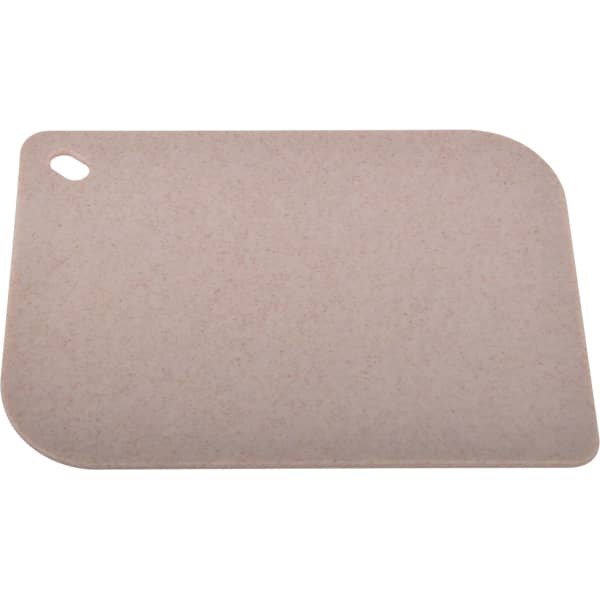 A cutting board in a light beige colour, featuring a rounded corner and a hanging hole for easy storage.