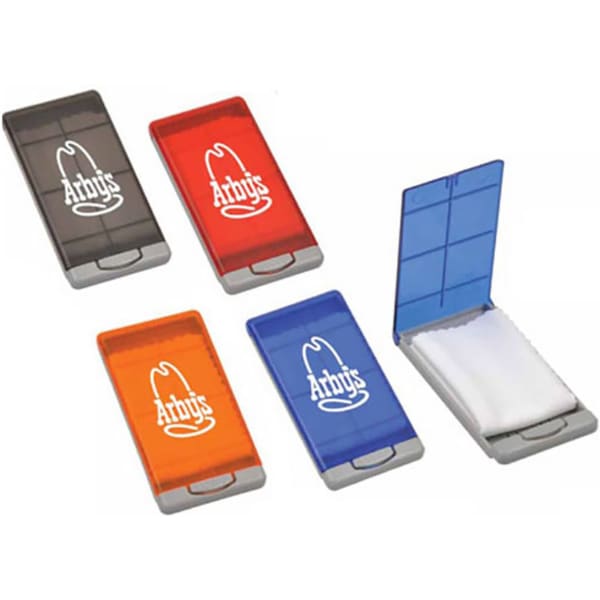 A set of five glasses cleaners featuring various colours: grey, red, and blue, with each having a logo.