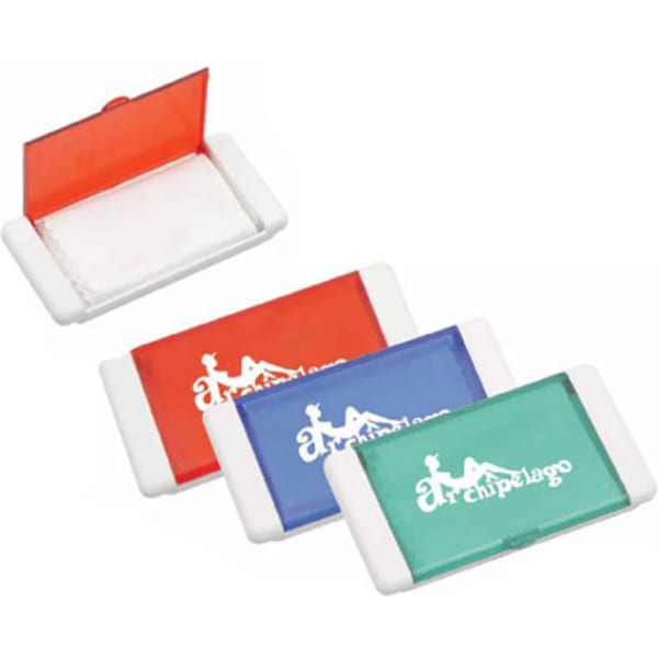 A set of glasses cleaners in red, blue, and green, featuring a transparent top and white casing, with a logo.