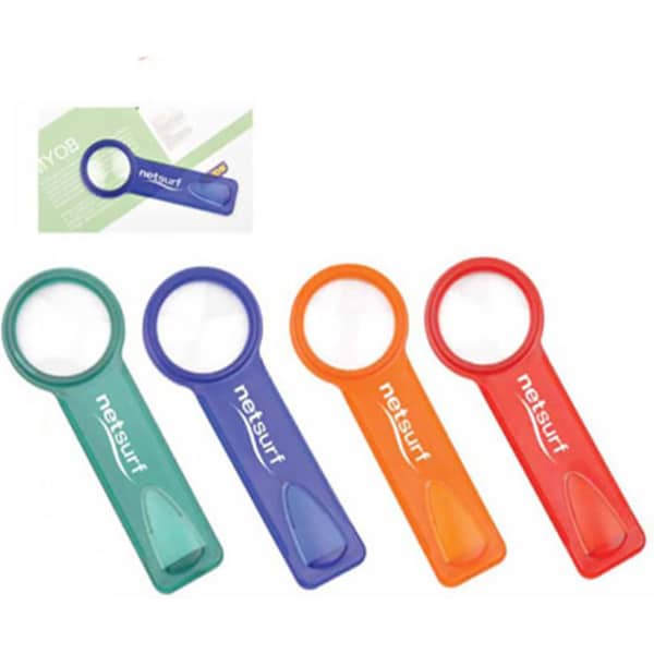 A set of four magnifying bookmarks in green, blue, orange, and red with a logo on each.
