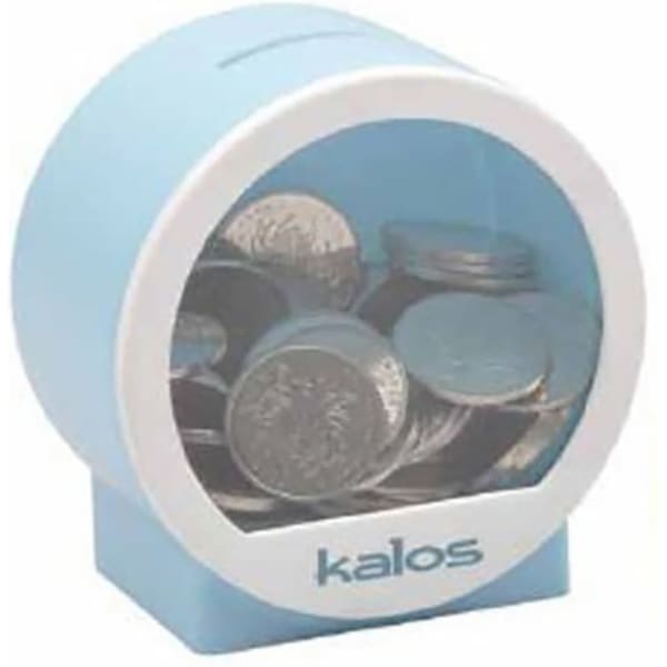 A light blue coin bank with a transparent front, displaying several coins inside and featuring a logo on the base.