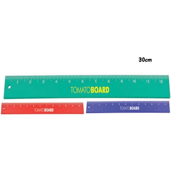 A 30cm ruler in green, featuring a logo, with a red and purple ruler beside it for comparison.
