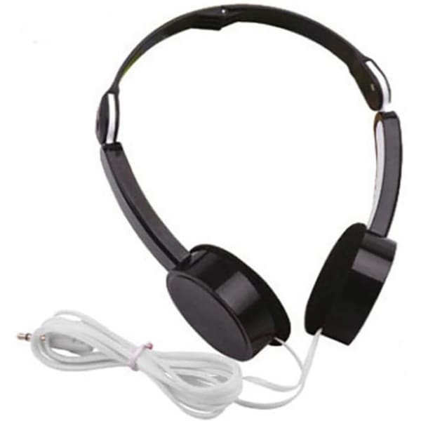A pair of black foldable headphones with a white audio cable, featuring a minimalist design and a logo.