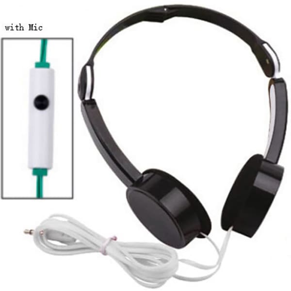 Foldable black headphones with a microphone, featuring a white control panel and a white audio cable.