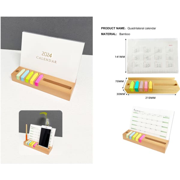 A bamboo calendar and memo holder with multiple coloured tabs, featuring a clear display for notes and plans.