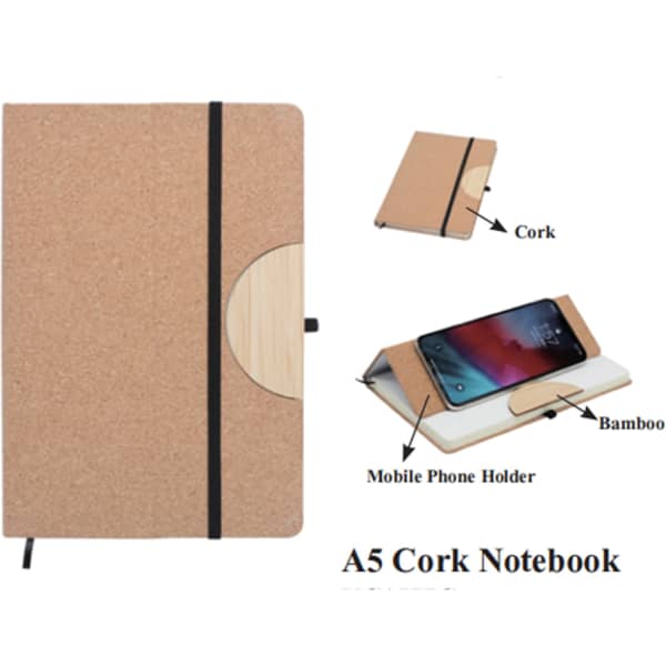 A5 cork notebook with a bamboo mobile phone holder, featuring a natural beige cork finish and an elastic closure.