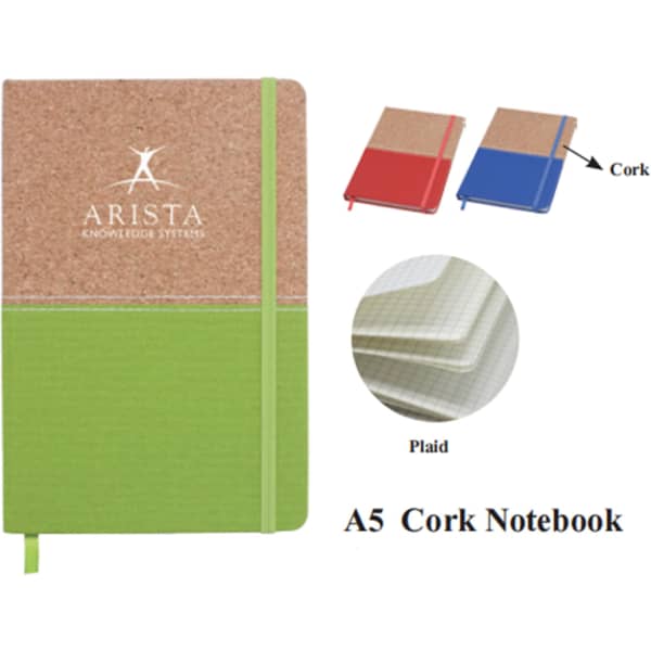 A5 cork notebook with a green bottom and a cork top, featuring a logo and available in additional colours.
