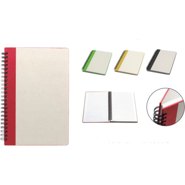 A5 eco-friendly notebook with a red spine, featuring a textured cover and lined pages, available in various colours.